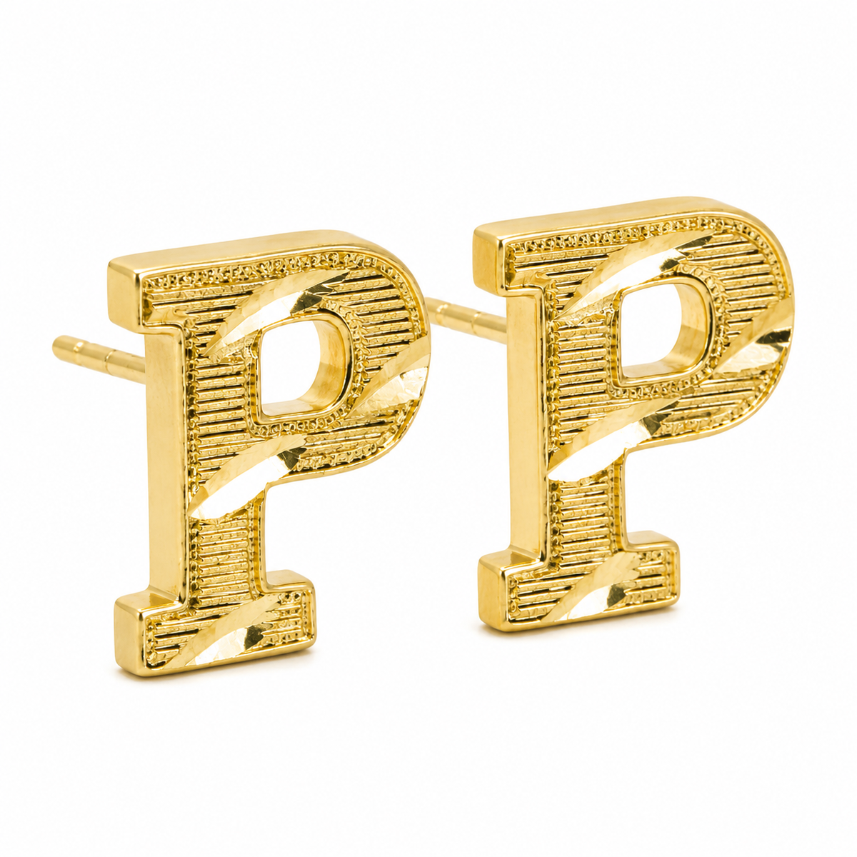 10K Solid Yellow Gold Block Initial Earrings - 45 degree view