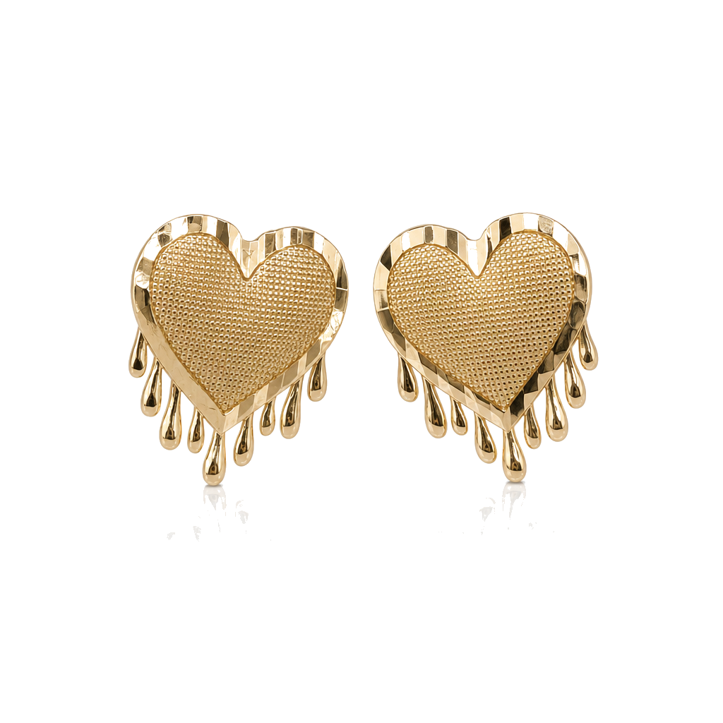 10K Solid Yellow Gold CZ Dripping Heart Earrings - front view