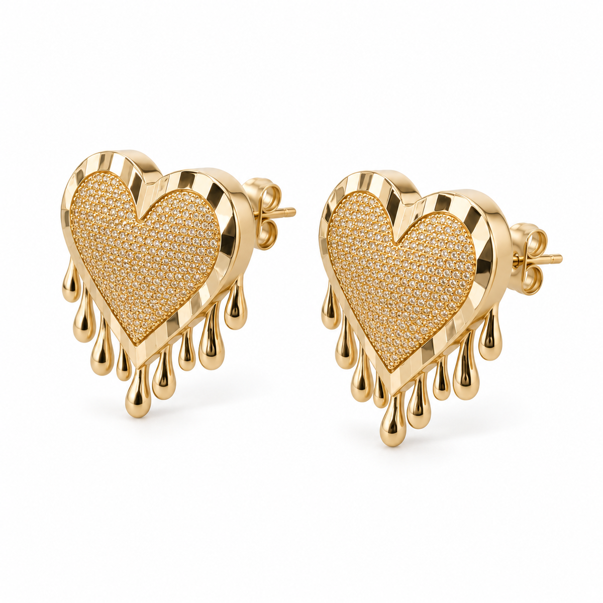 10K Solid Yellow Gold CZ Dripping Heart Earrings - 45 degree view