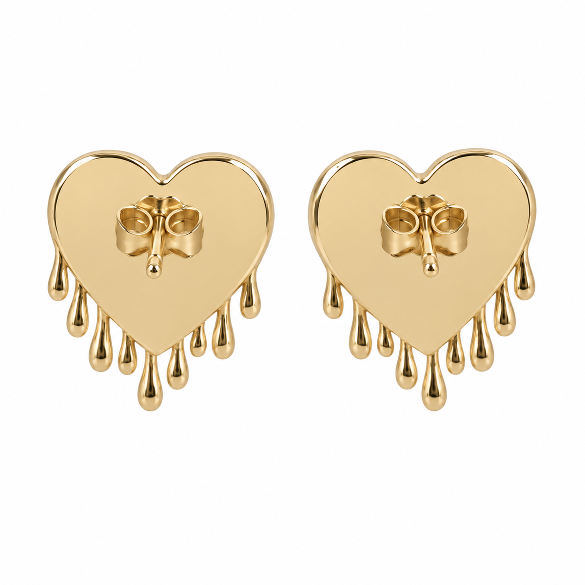 10K Solid Yellow Gold CZ Dripping Heart Earrings - back view