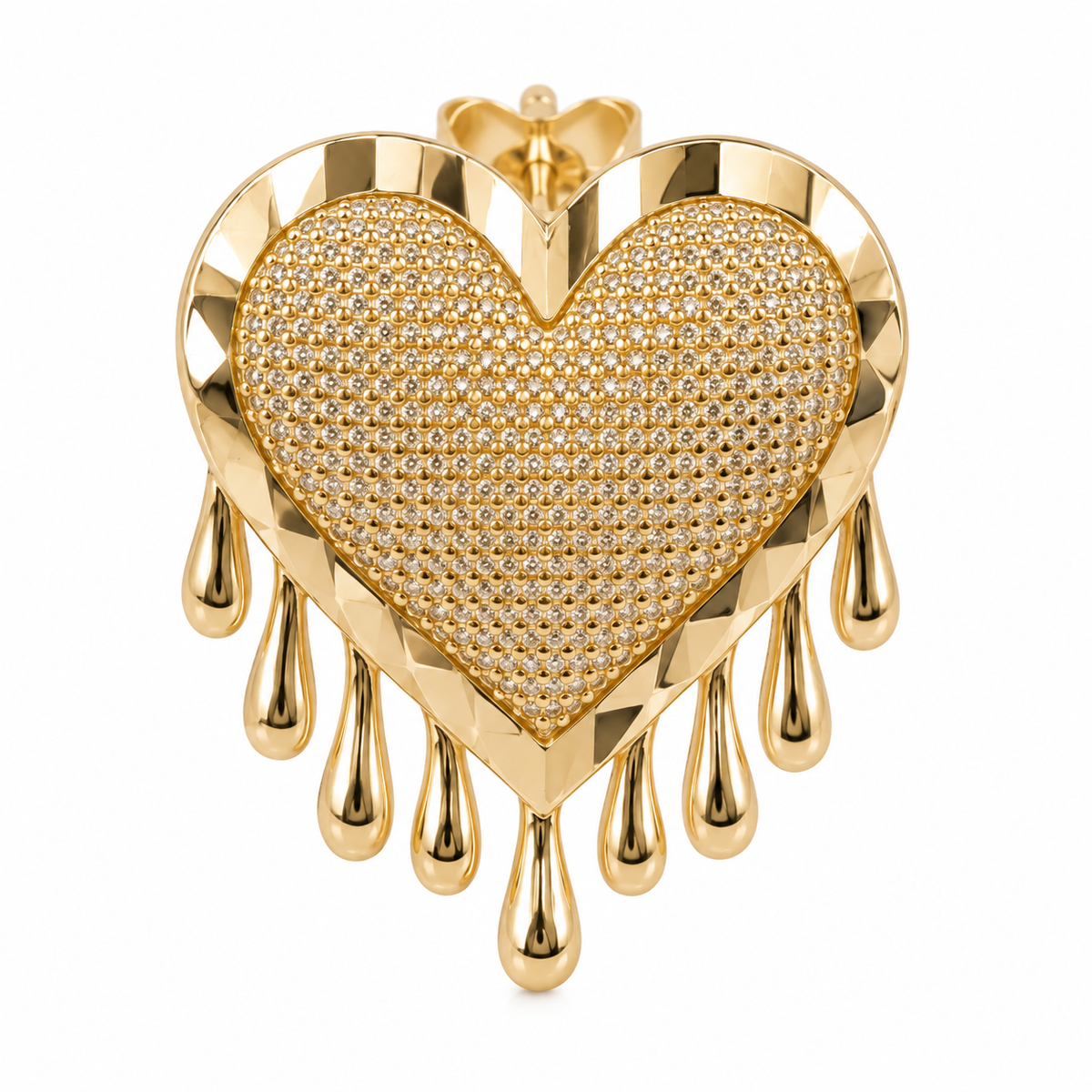10K Solid Yellow Gold CZ Dripping Heart Earrings - macro detail