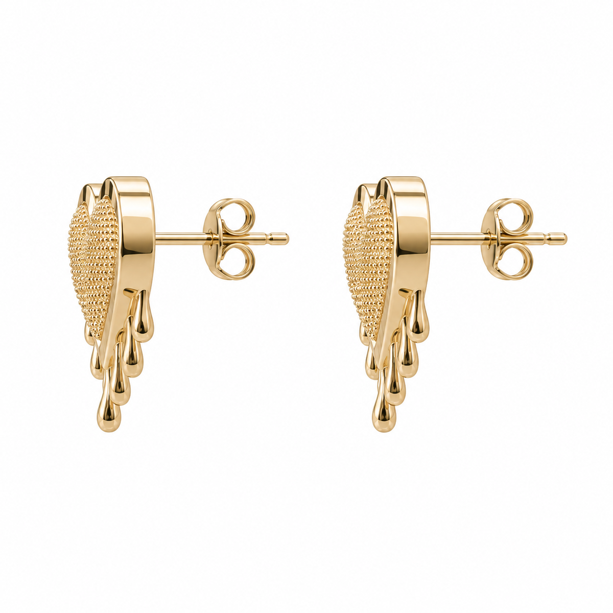 10K Solid Yellow Gold CZ Dripping Heart Earrings - side view
