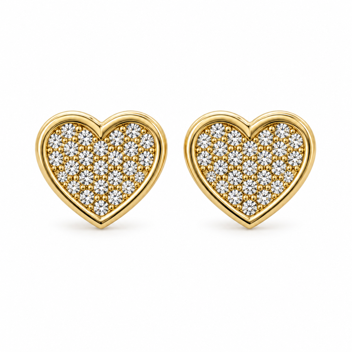 10K Solid Yellow Gold CZ Flat Heart Earrings (10mm) - front view