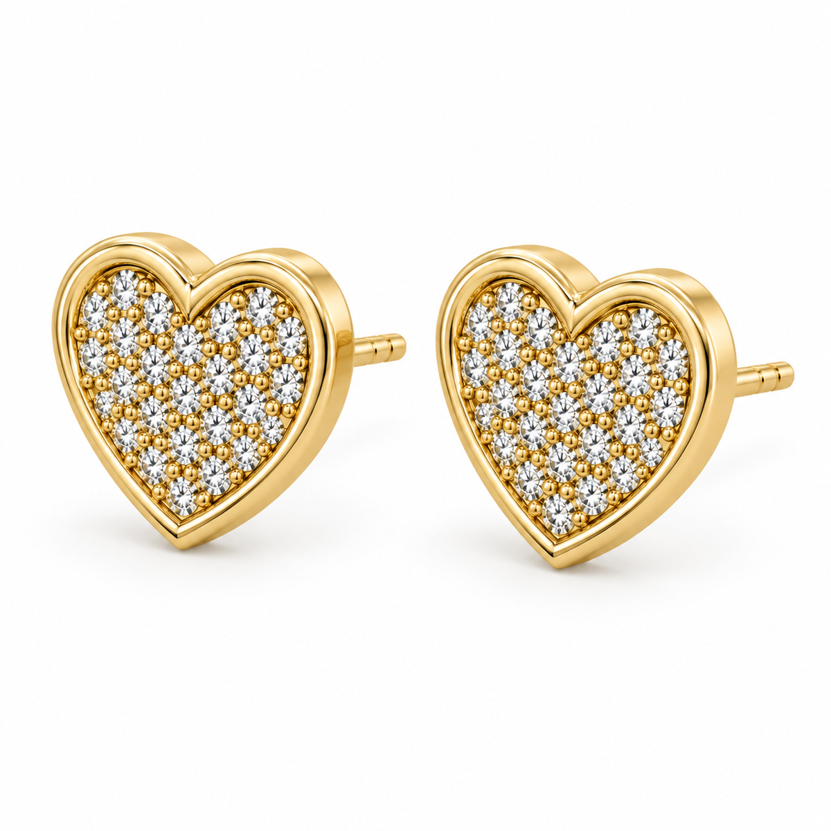 10K Solid Yellow Gold CZ Flat Heart Earrings (10mm) - 45 degree view