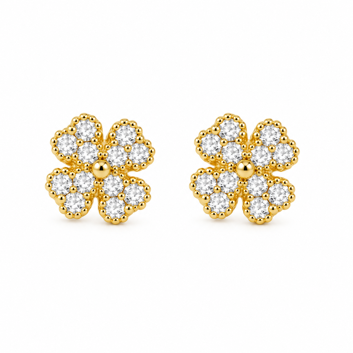 10K Solid Yellow Gold CZ Heart 4 Leaf Clover Earrings (S) - front view