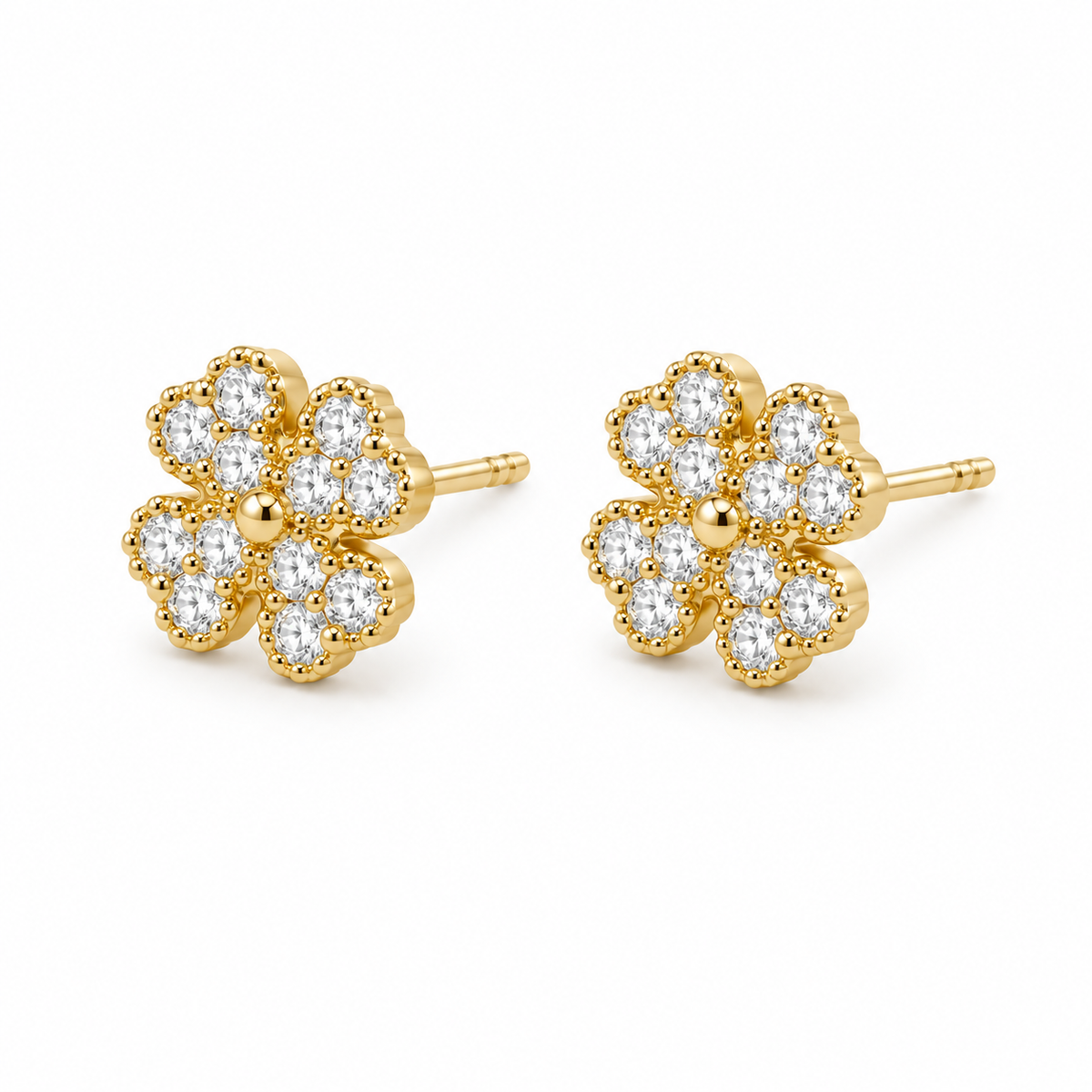 10K Solid Yellow Gold CZ Heart 4 Leaf Clover Earrings (S) - 45 degree view
