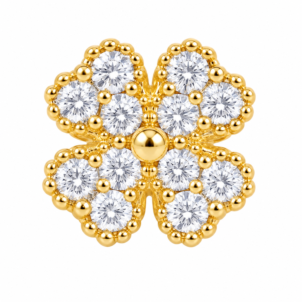 10K Solid Yellow Gold CZ Heart 4 Leaf Clover Earrings (S) - macro detail