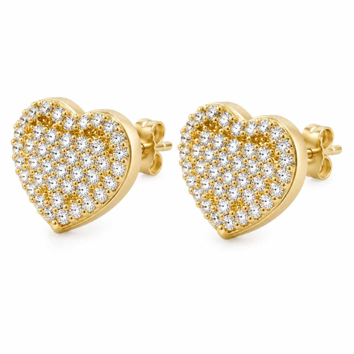 10K Solid Yellow Gold CZ Heart Earrings (11mm) - 45 degree view