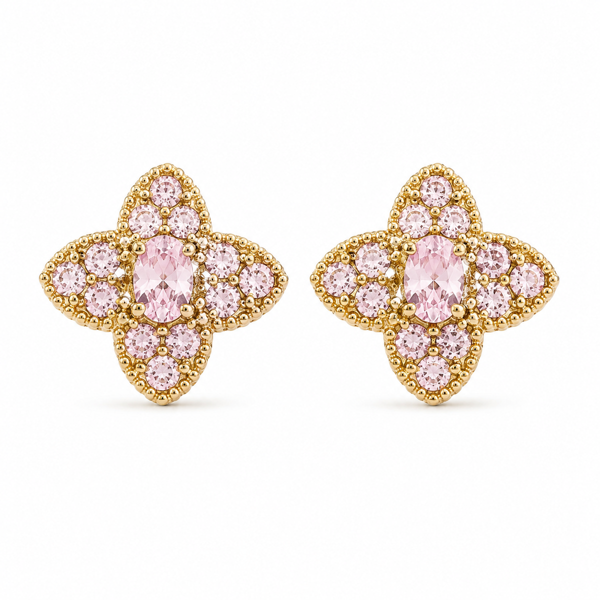 10K Solid Yellow Gold Celeste CZ Earrings Pink - front view