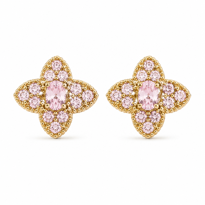 10K Solid Yellow Gold Celeste CZ Earrings Pink - front view