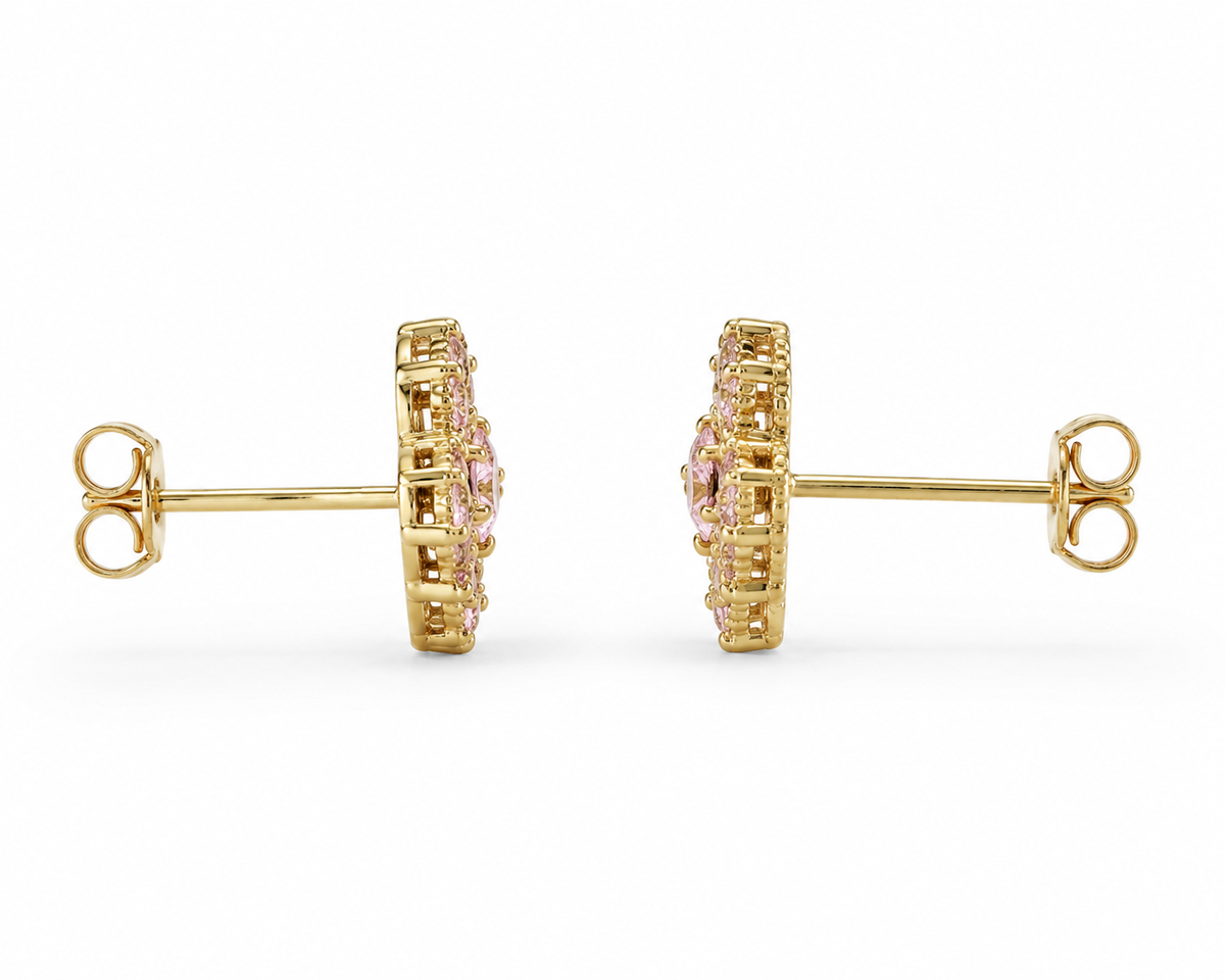 10K Solid Yellow Gold Celeste CZ Earrings Pink - back view