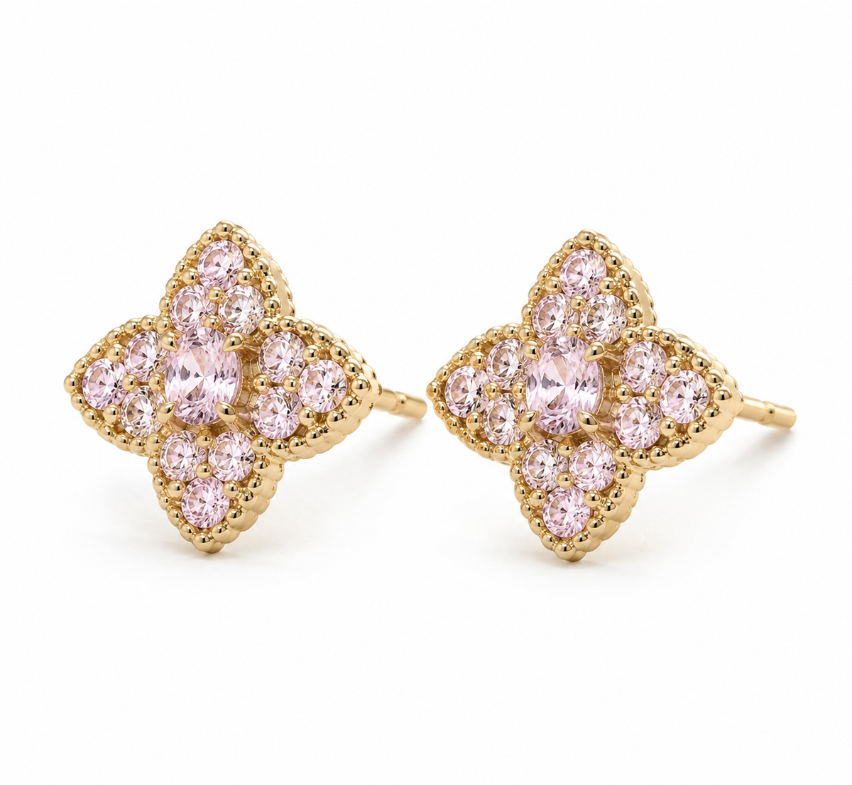 10K Solid Yellow Gold Celeste CZ Earrings Pink - macro detail