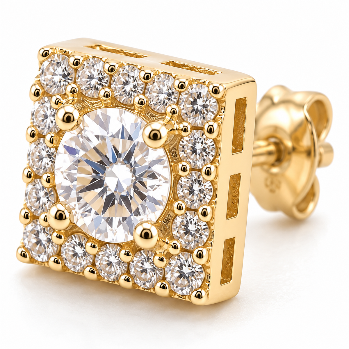 10K Solid Yellow Gold Cuadro Micro — Square CZ Stud Earrings Micro - macro detail