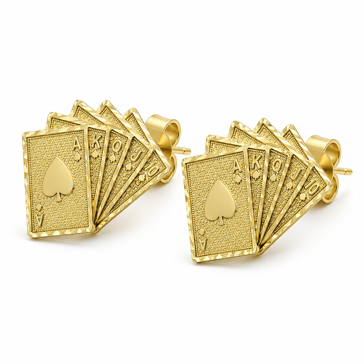 10K Solid Yellow Gold Deck of Cards Earrings - 45 degree view
