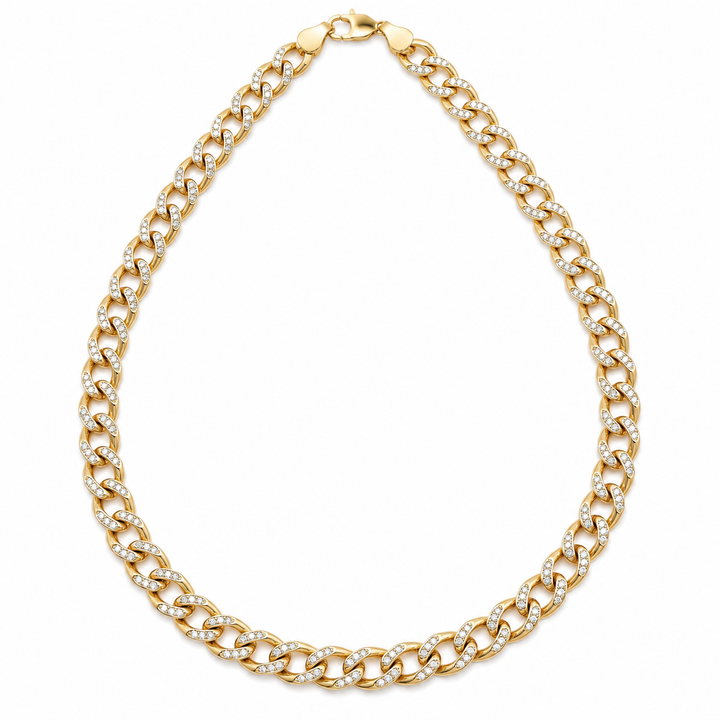 10K Solid Yellow Gold Diamond-Cut 3.4mm Pave Cuban Chain (Hollow) - front view
