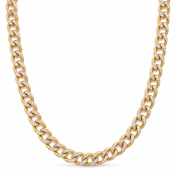 10K Solid Yellow Gold Diamond-Cut 3.4mm Pave Cuban Chain (Hollow) - front view