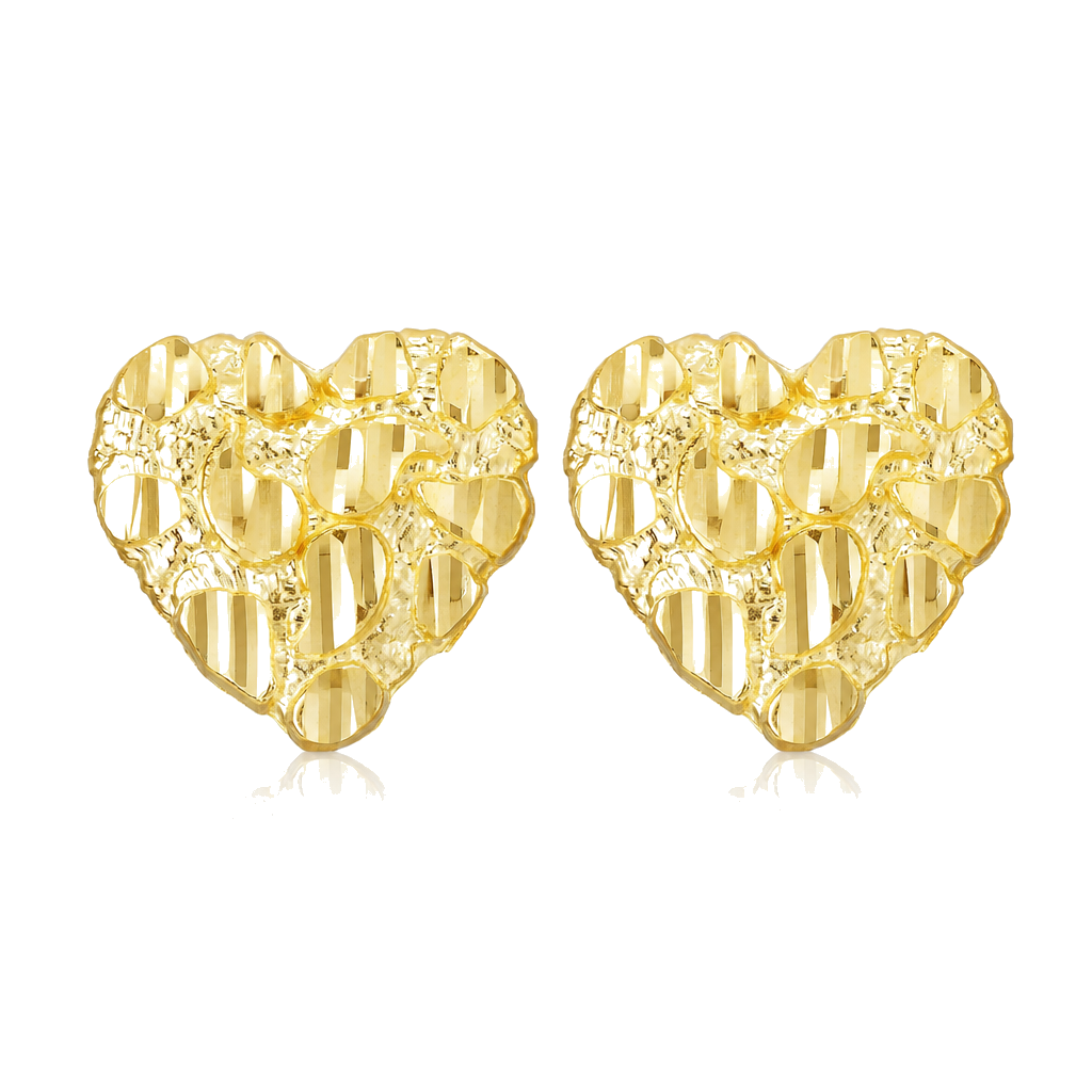 10K Solid Yellow Gold Heart Nugget Earrings 16mm - front view