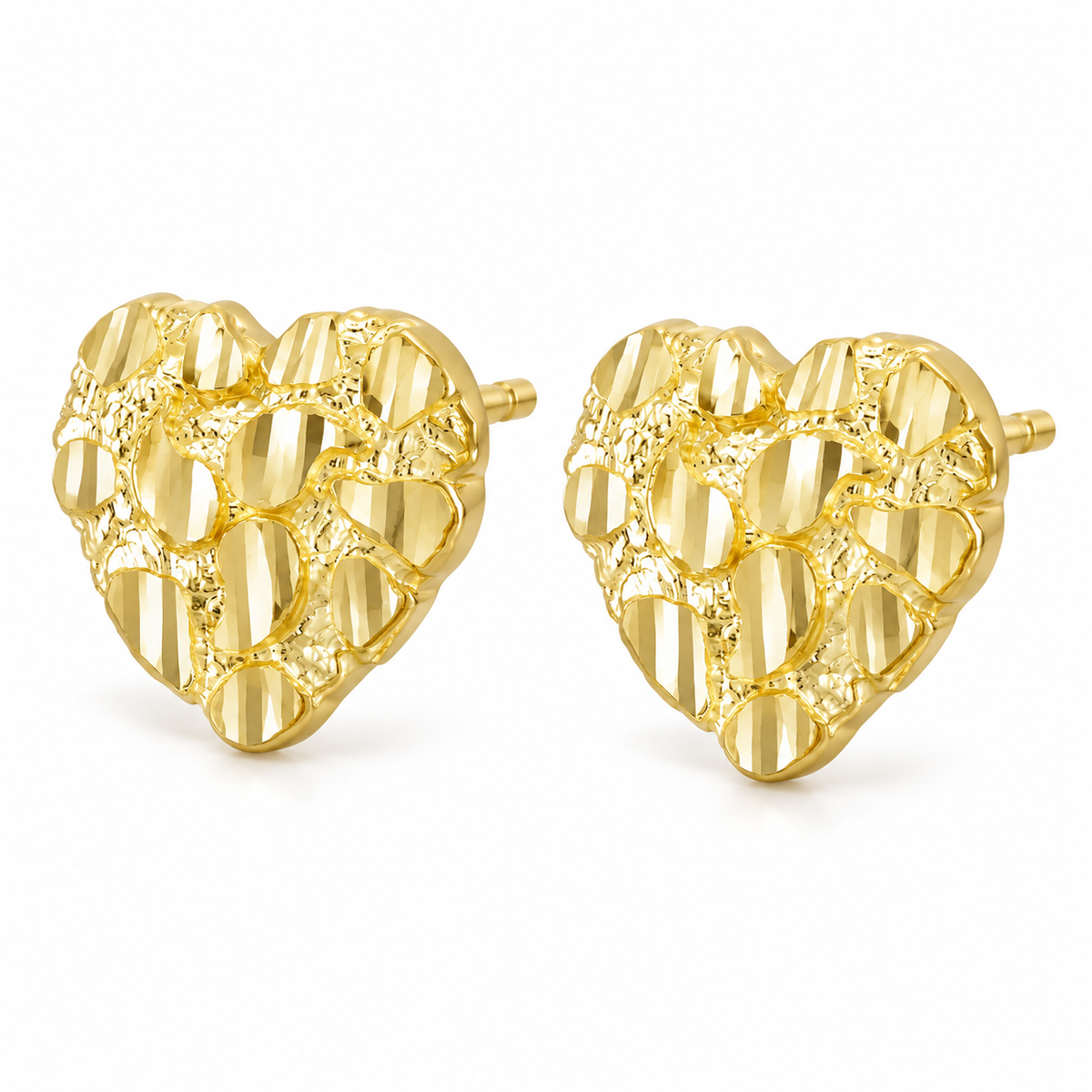 10K Solid Yellow Gold Heart Nugget Earrings 16mm - 45 degree view