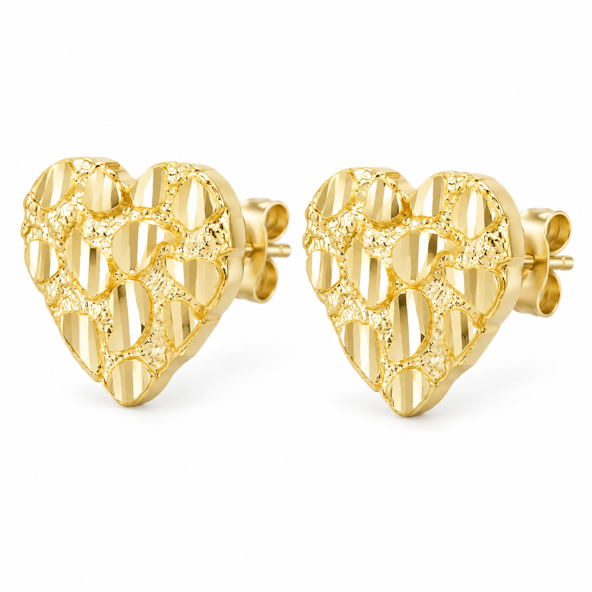 10K Solid Yellow Gold Medium Heart Shaped Nugget Earrings (~14mm) - 45 degree view