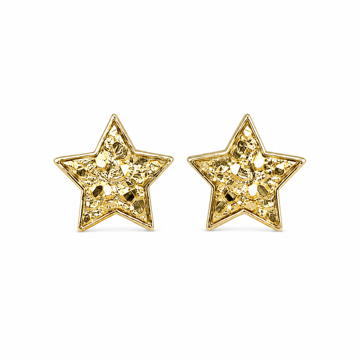 10K Solid Yellow Gold Mini Star Nugget Earrings - front view
