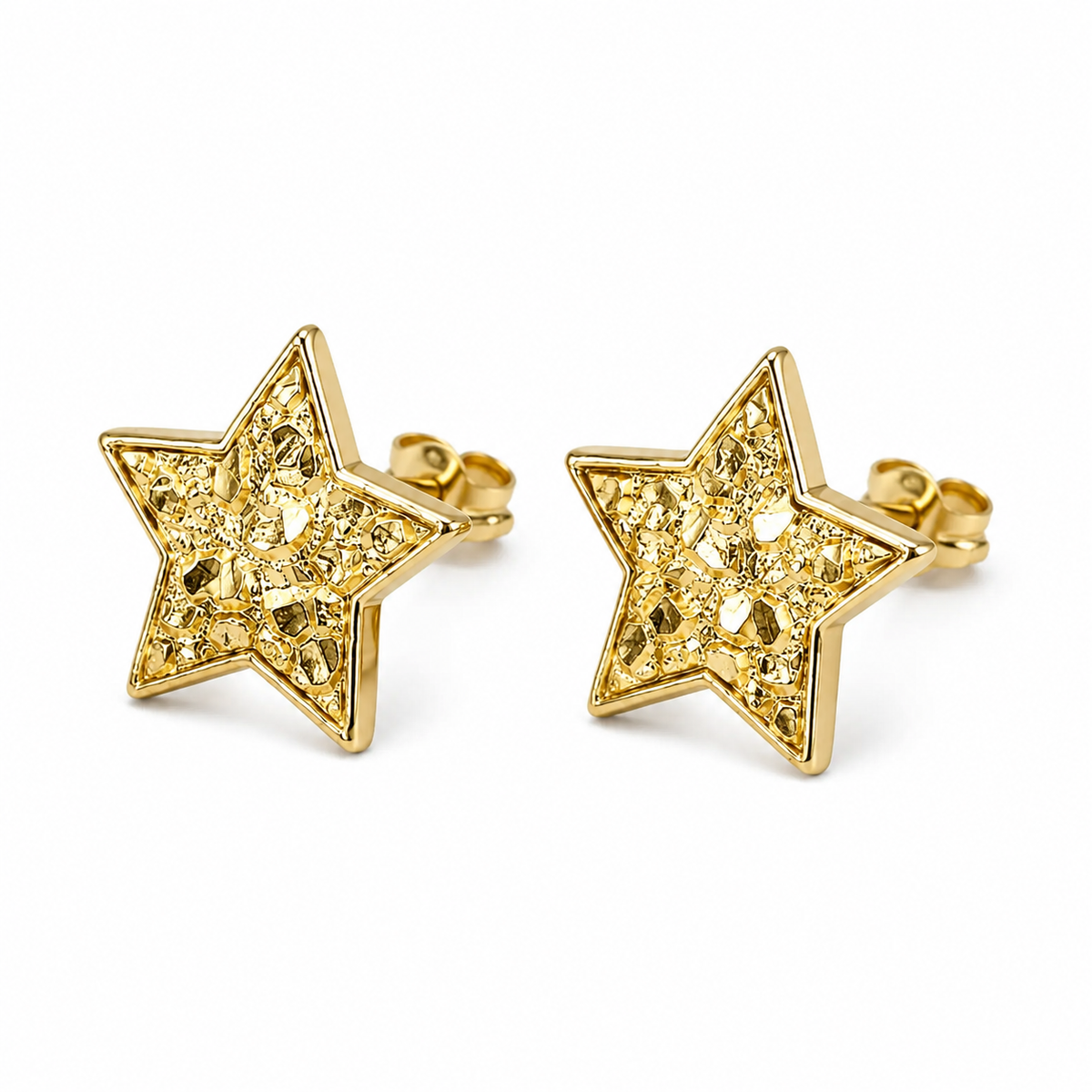 10K Solid Yellow Gold Mini Star Nugget Earrings - 45 degree view