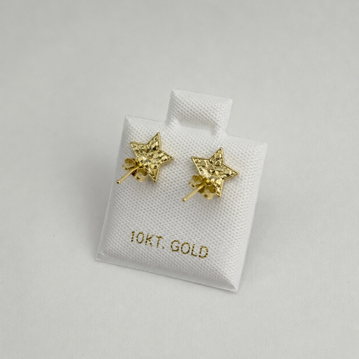 10K Solid Yellow Gold Mini Star Nugget Earrings - front view