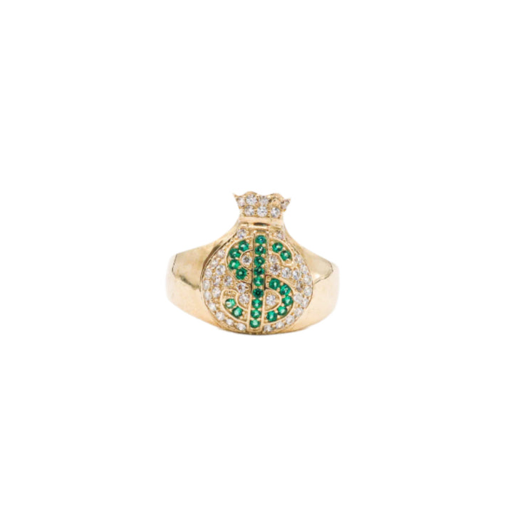 10K Solid Yellow Gold Money Bag Ring (Green Dollar Sign CZ)