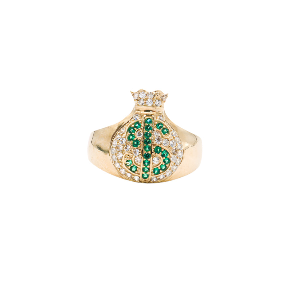 10K Solid Yellow Gold Money Bag Ring (Green Dollar Sign CZ)