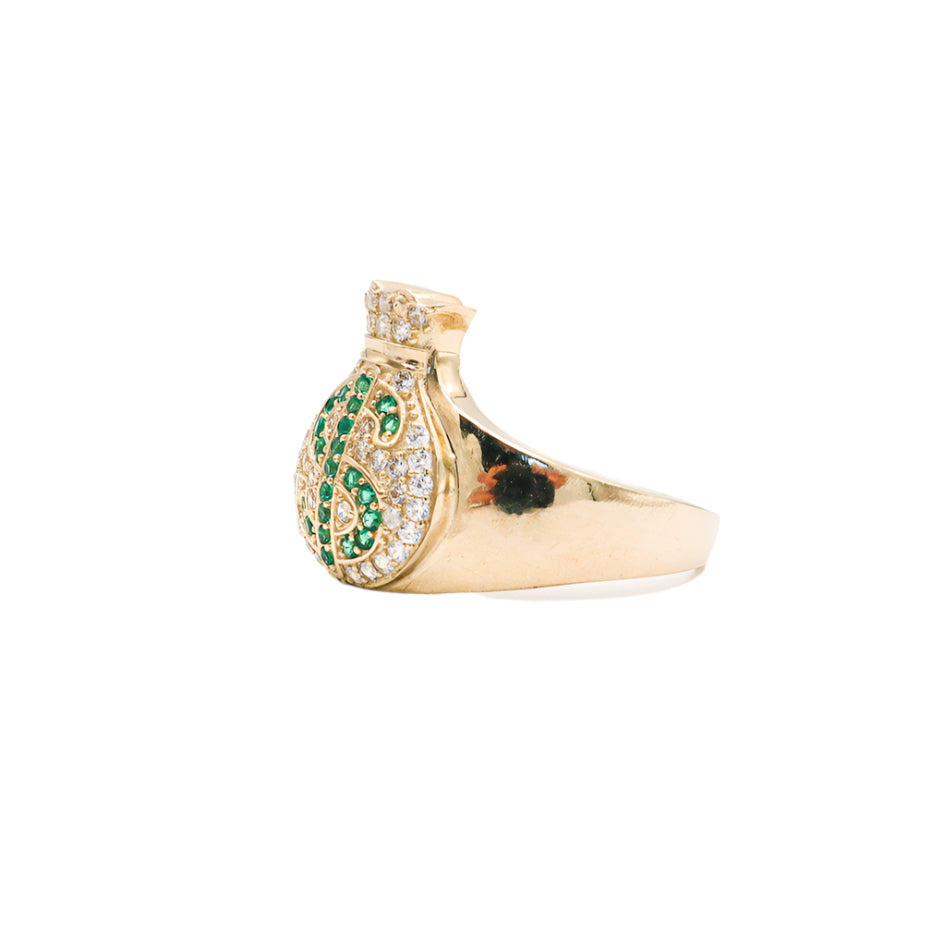 10K Solid Yellow Gold Money Bag Ring (Green Dollar Sign CZ)