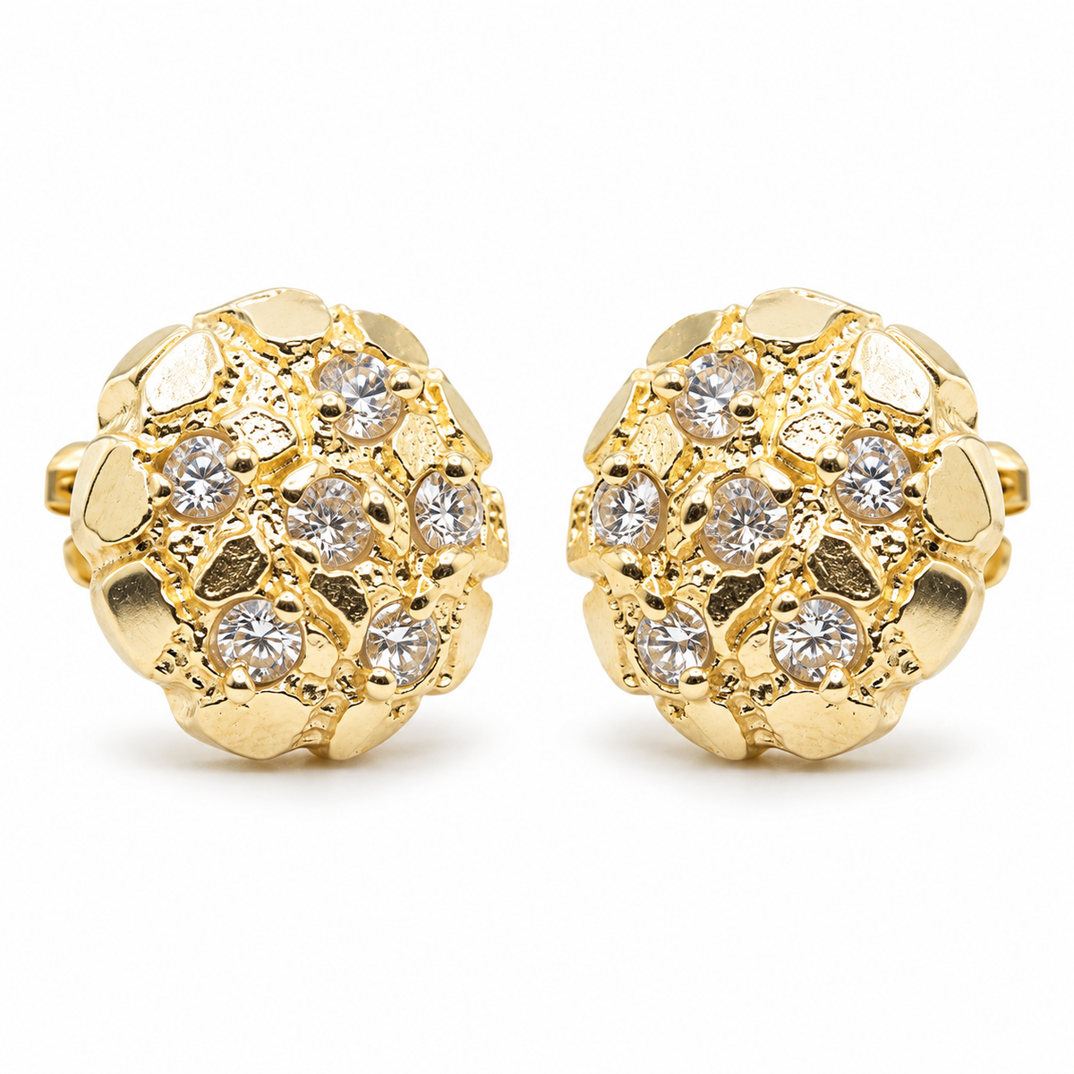 10K Solid Yellow Gold Nugget Petit — Round Nugget CZ Earrings Small - 45 degree view