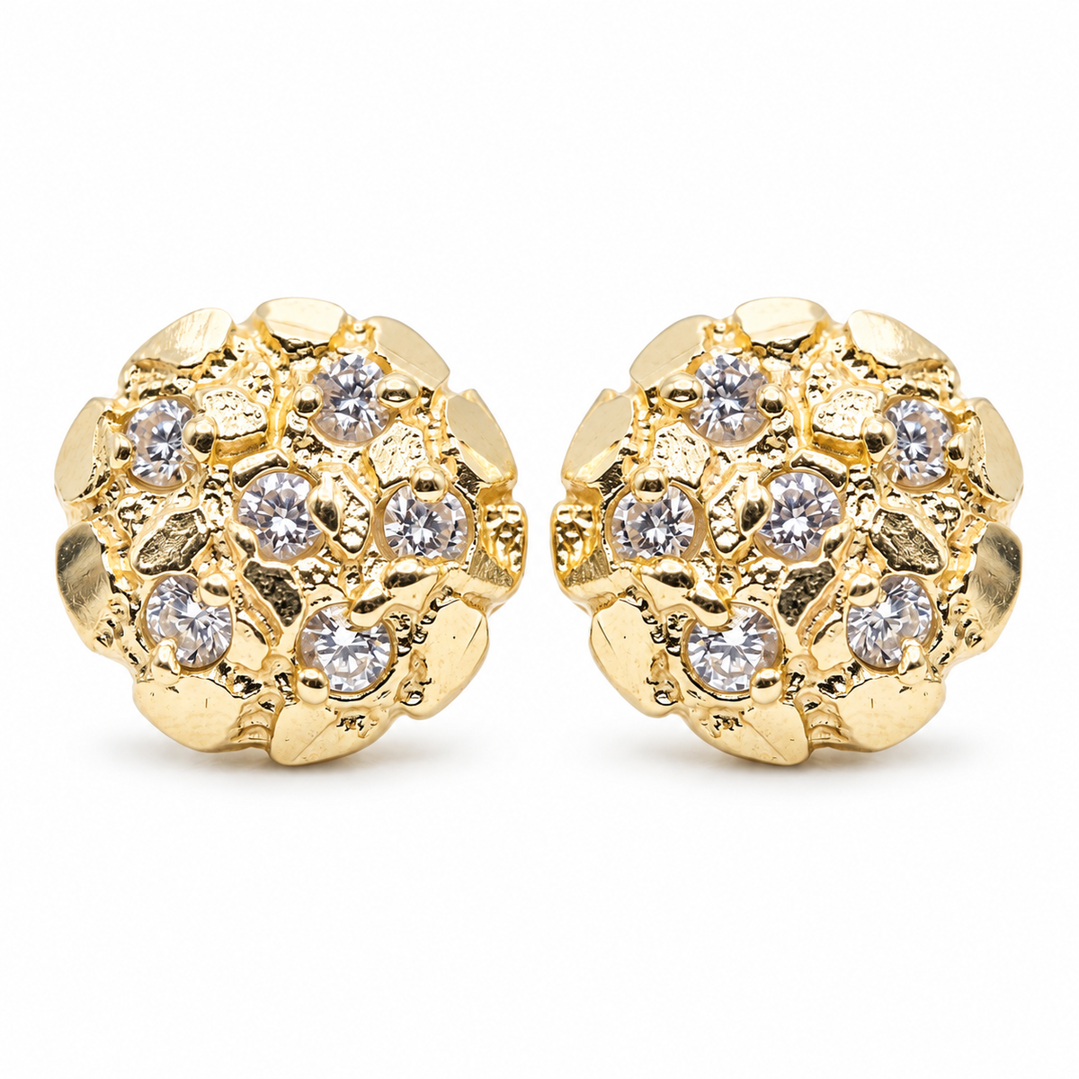 10K Solid Yellow Gold Nugget Petit — Round Nugget CZ Earrings Small - front view