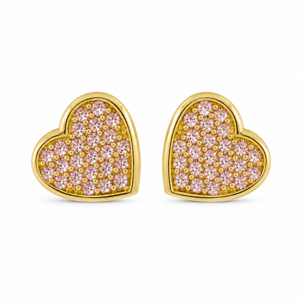 10K Solid Yellow Gold Pink CZ Flat Heart Earrings (12mm) - front view