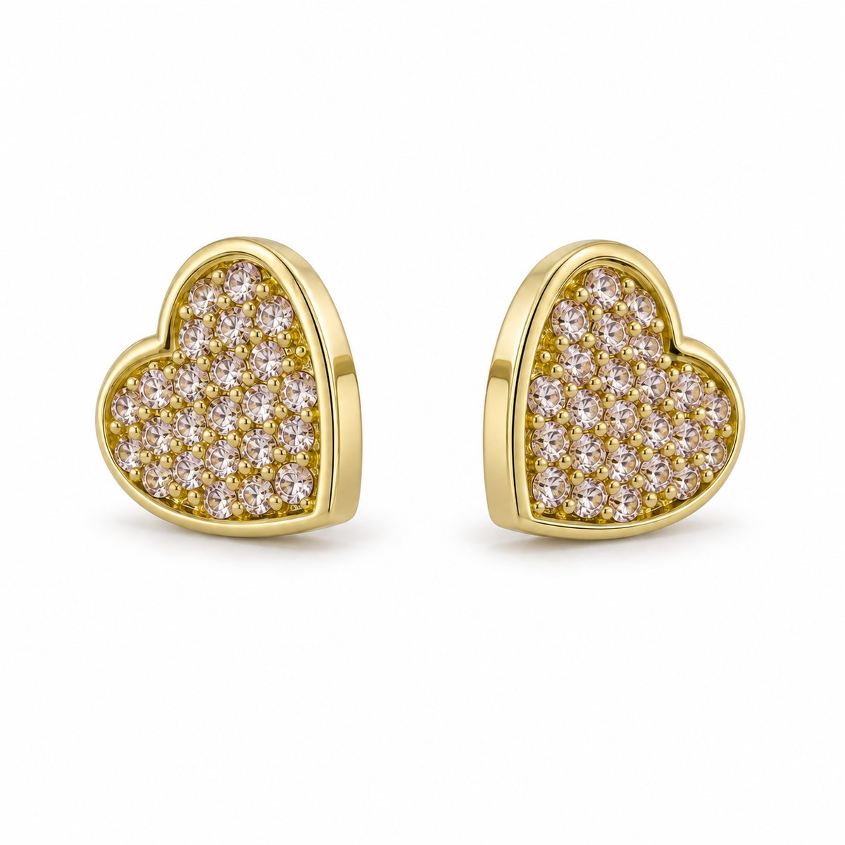10K Solid Yellow Gold Pink CZ Flat Heart Earrings (12mm) - 45 degree view