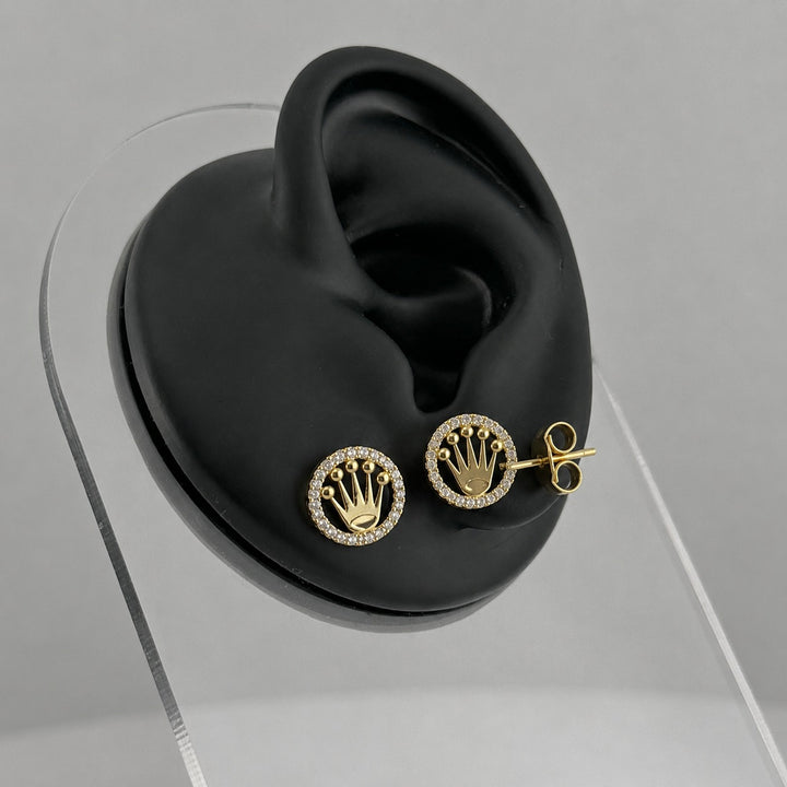 10K Solid Yellow Gold Presidential Crown Halo CZ Earrings - front view