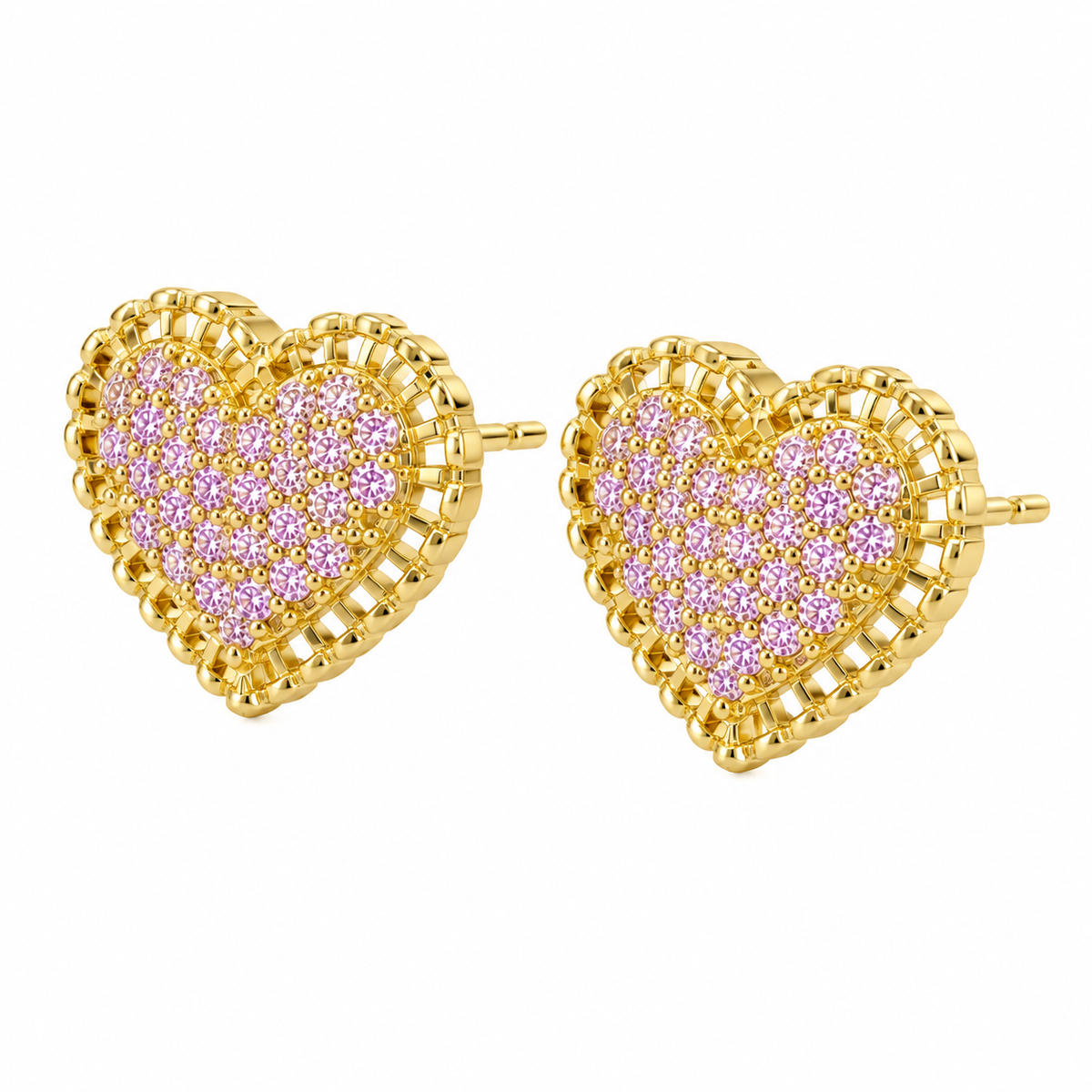 10K Solid Yellow Gold Presidential Link Flat Heart Earrings, Pink CZ - 45 degree view