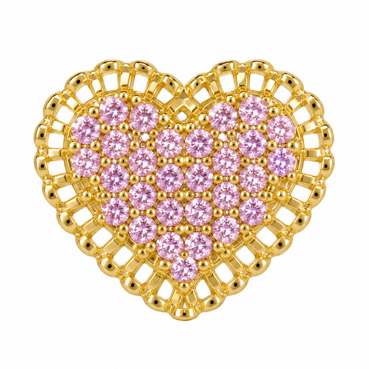 10K Solid Yellow Gold Presidential Link Flat Heart Earrings, Pink CZ - macro detail