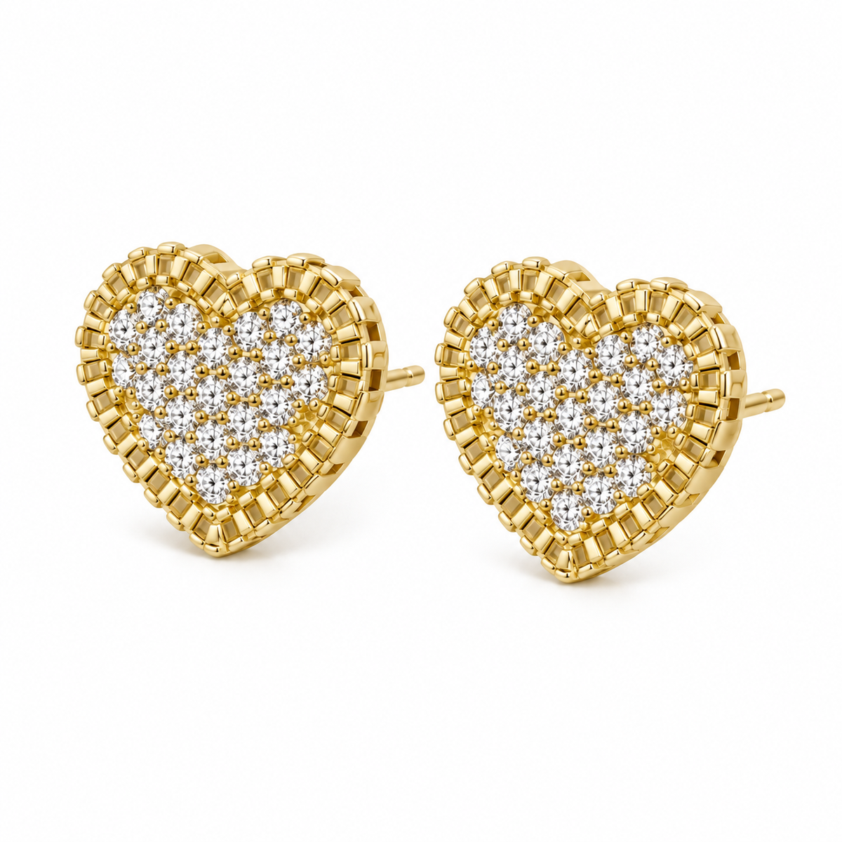 10K Solid Yellow Gold Presidential Link Flat Heart Earrings, White CZ - 45 degree view