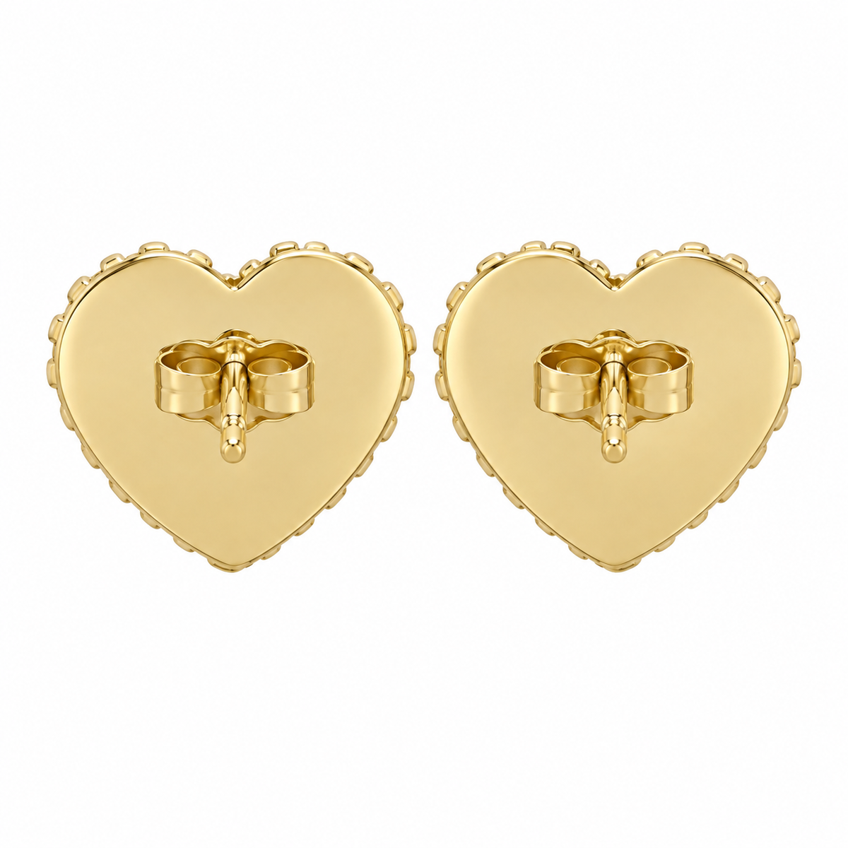 10K Solid Yellow Gold Presidential Link Flat Heart Earrings, White CZ - back view