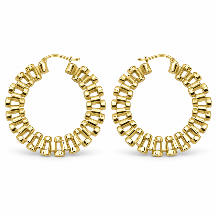 10K Solid Yellow Gold Presidential Link Flat Hoops (1.6") - front view