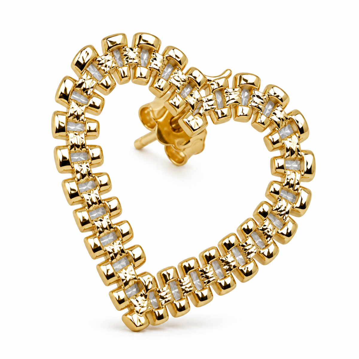 10K Solid Yellow Gold Presidential Link Heart Earrings (Medium) - macro detail