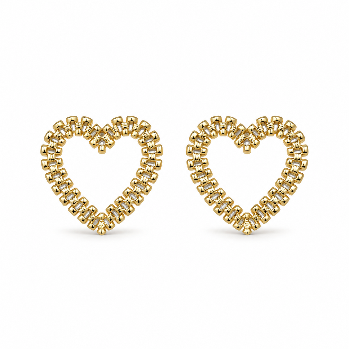10K Solid Yellow Gold Presidential Link Heart Earrings (Medium) - front view