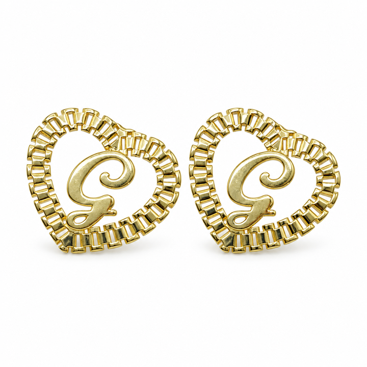 10K Solid Yellow Gold Presidential Link Heart Initial Earrings - solid gold watch-band link earrings from STF Diamonds, Los Angeles