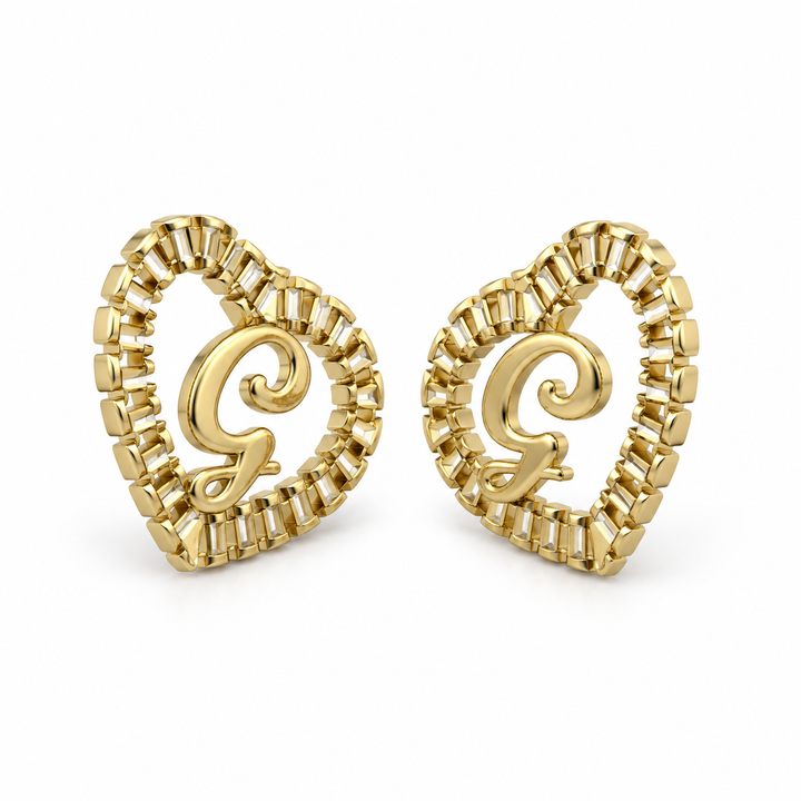 10K Solid Yellow Gold Presidential Link Heart Initial Earrings - front view