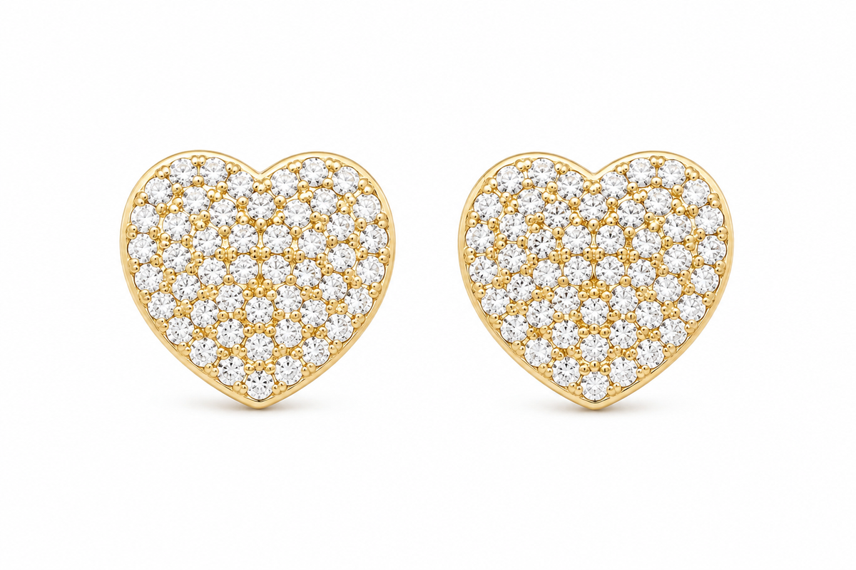 10K Solid Yellow Gold Romantic CZ Heart Stud Earrings - front view