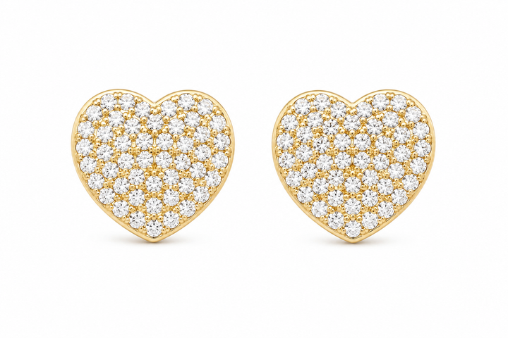 10K Solid Yellow Gold Romantic CZ Heart Stud Earrings