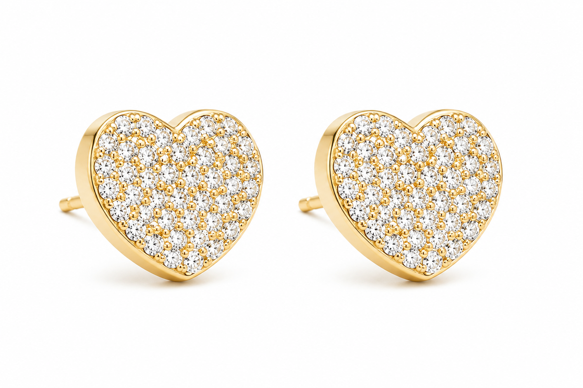 10K Solid Yellow Gold Romantic CZ Heart Stud Earrings - 45 degree view