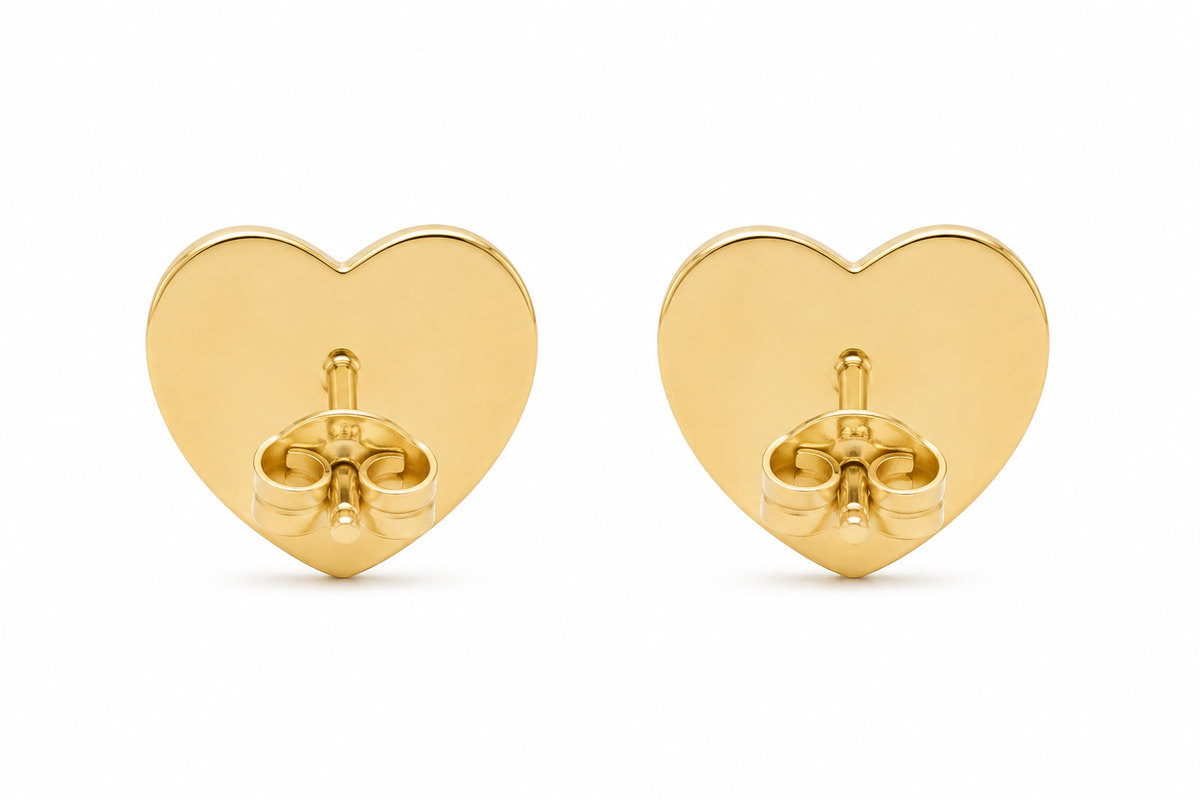 10K Solid Yellow Gold Romantic CZ Heart Stud Earrings - back view