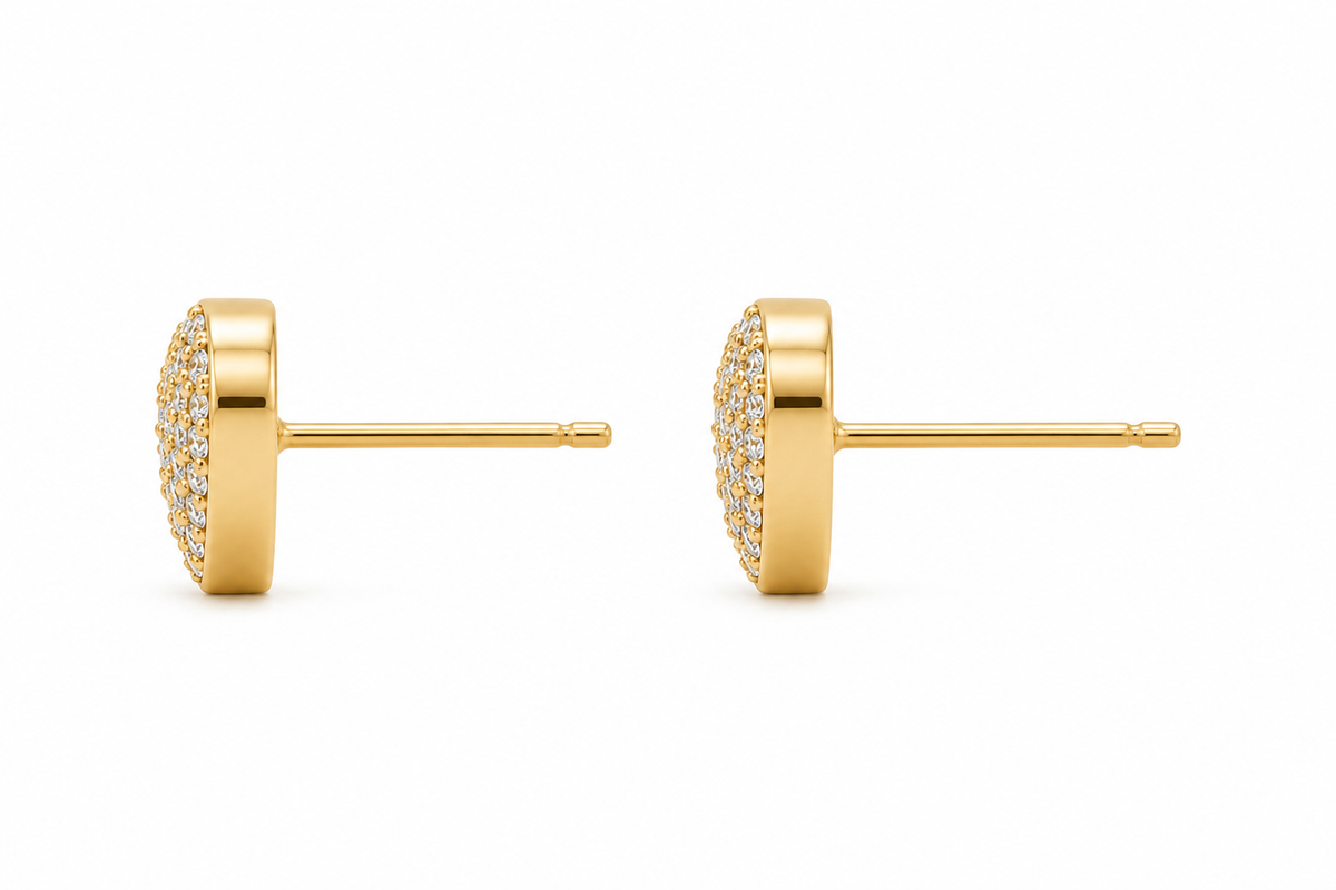 10K Solid Yellow Gold Romantic CZ Heart Stud Earrings - side view