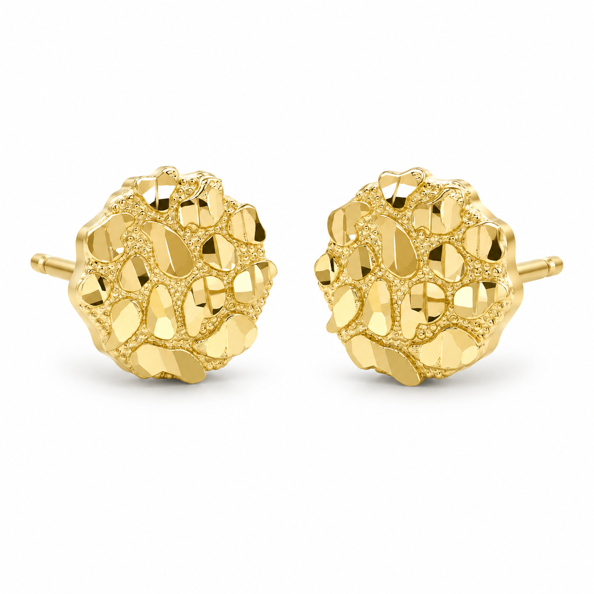10K Solid Yellow Gold Round Nugget Earrings - Small (~10mm) - 45 degree view