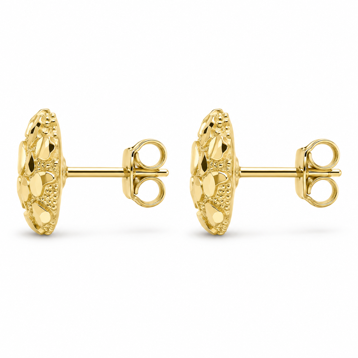 10K Solid Yellow Gold Round Nugget Earrings - Small (~10mm) - side view